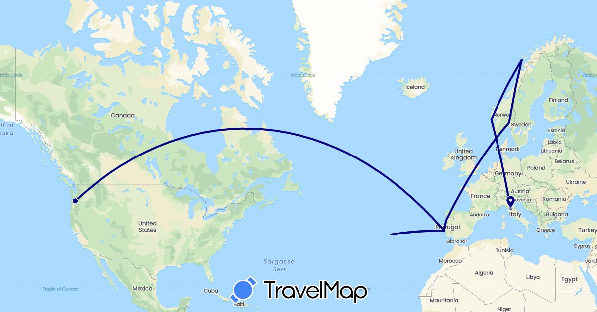 TravelMap itinerary: driving in Italy, Norway, Portugal, United States (Europe, North America)